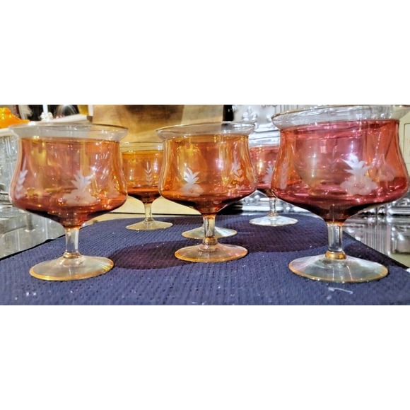 Shrimp Cocktail Chillers Set of 6 Rose Crystal Glasses w 22K Gold Trim & Etched - Picture 2 of 15